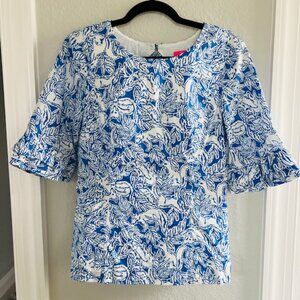 Lilly Pulitzer Fiesta Coastal Fox Print Blouse Cotton 3/4 Sleeve Keyhole Back 8